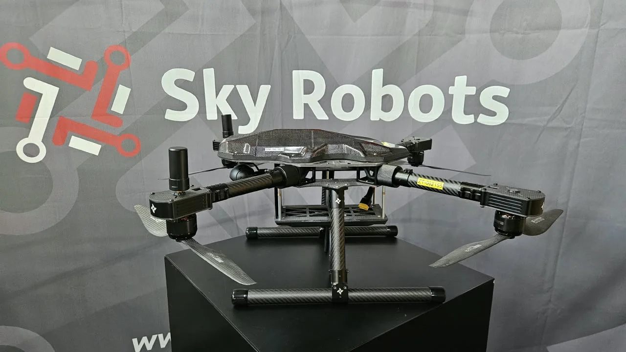 Front view of a Sky Robots Multirotor Drone on display