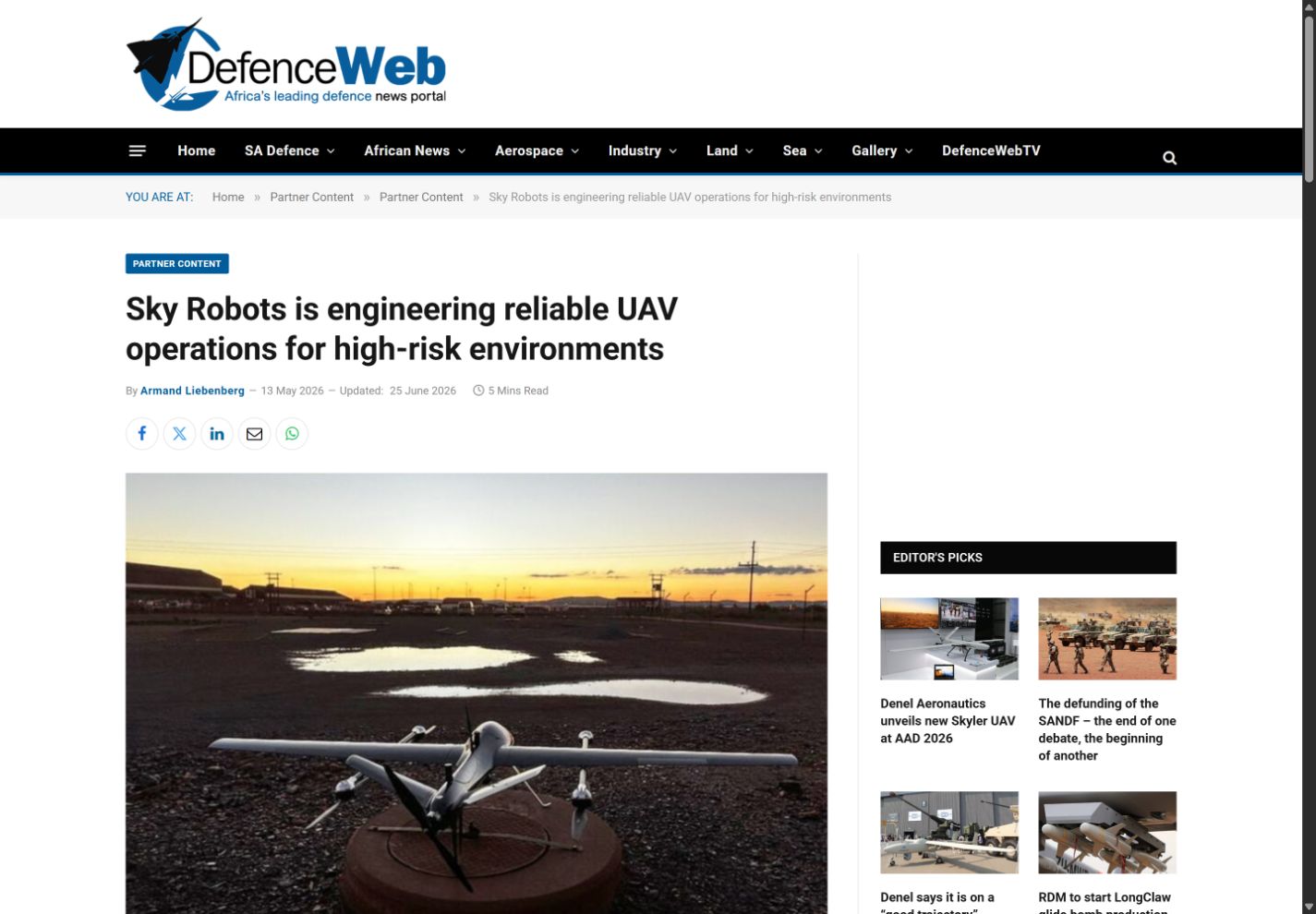 Screenshot of the DefenceWeb article: An engineering perspective on reliable drone operations