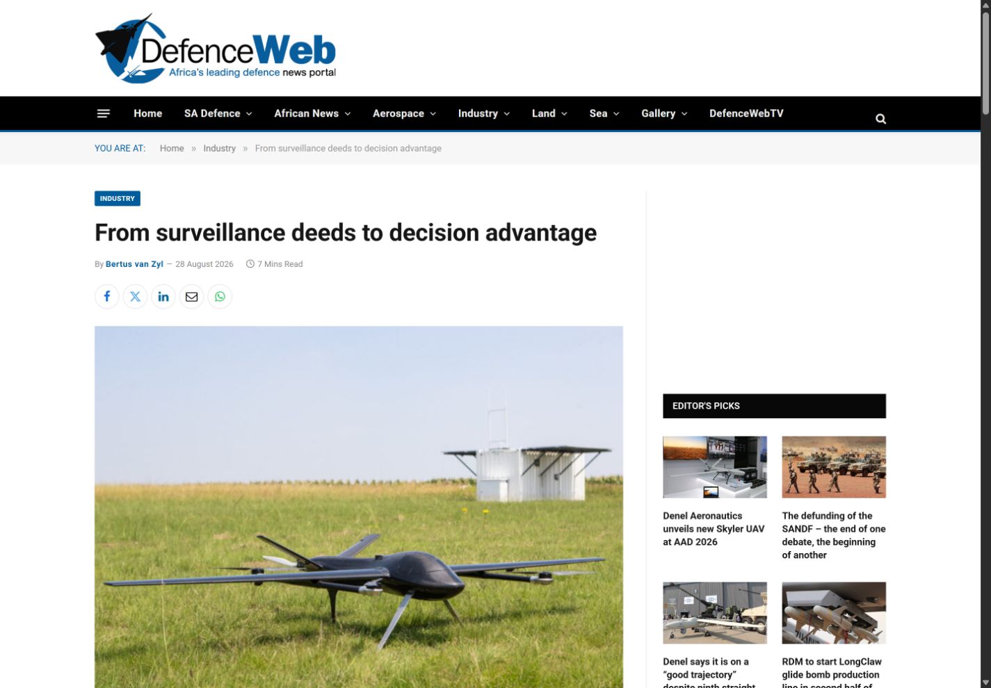 Screenshot of the DefenceWeb article: Turning surveillance information into decision advantage